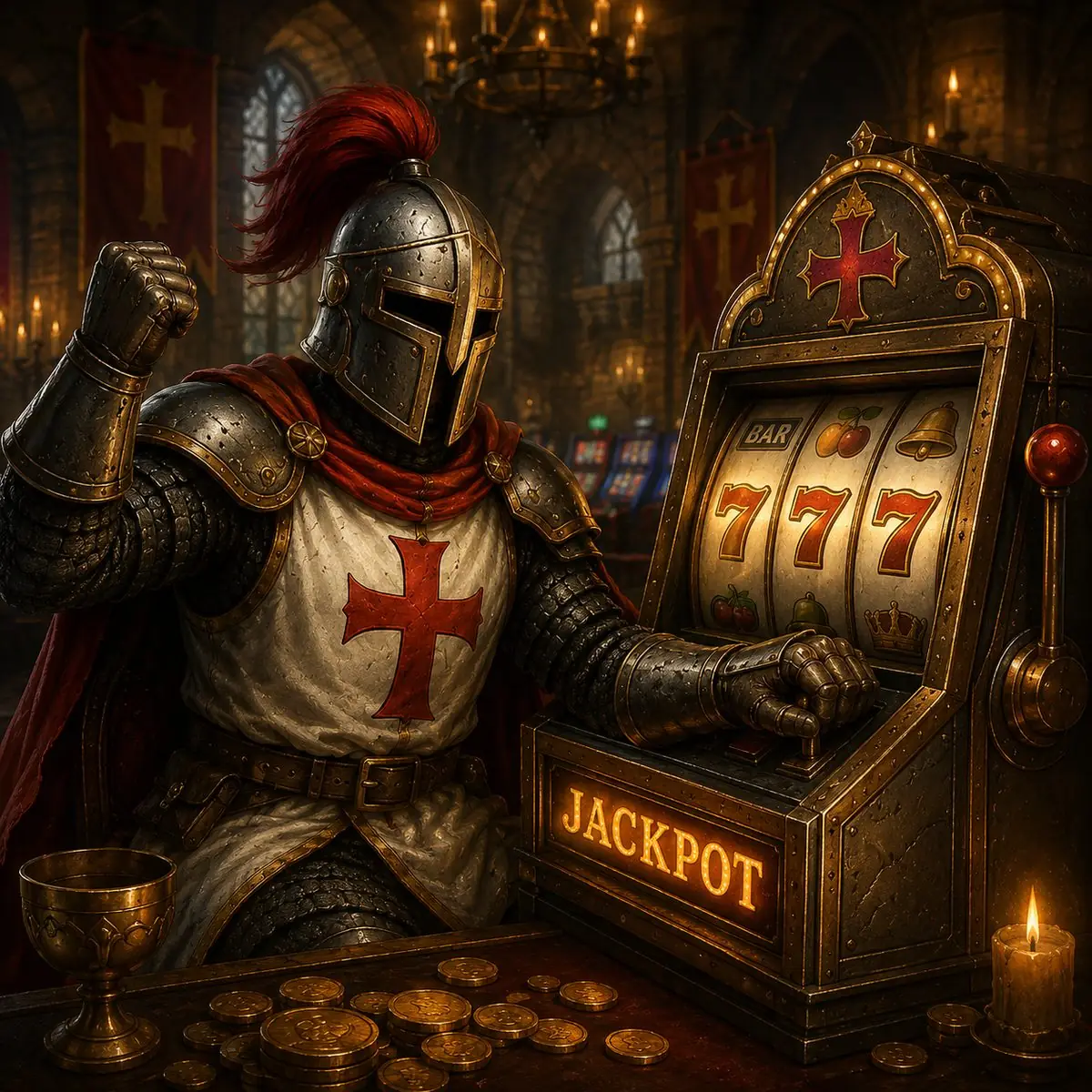 Crusado Ritter vor einem Jackpot Spielautomaten